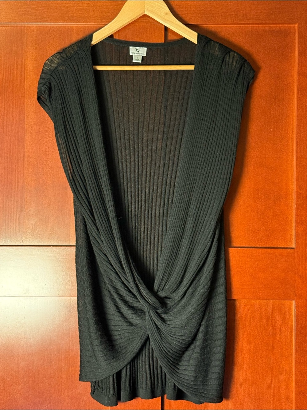 Worthington Black Knotted Front Ribbed Sleeveless Top With Deep V-Neckline L